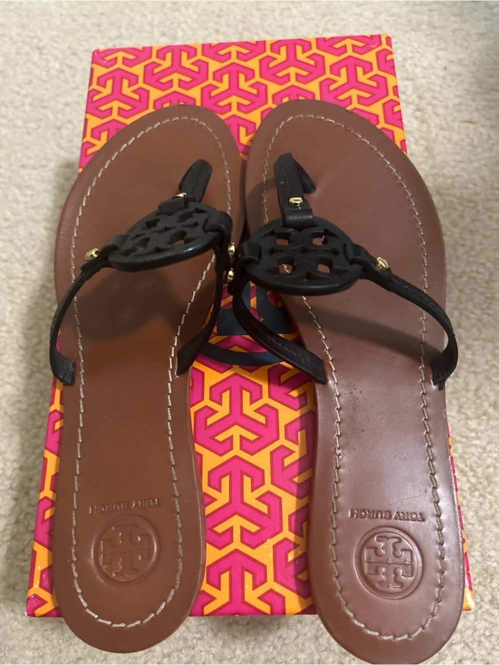 Tory Burch Brown Leather Sandals with Black Logo Medallion